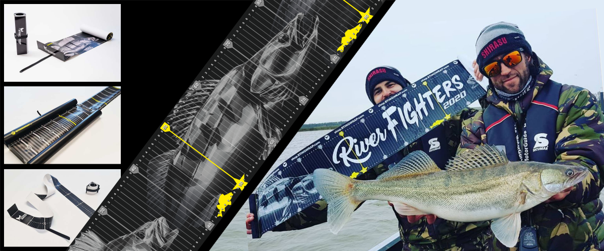 Fish measuring tape with fishing rods